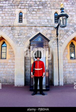 Una regina della guardia permanente per l'attenzione nel Castello di Windsor. Foto Stock