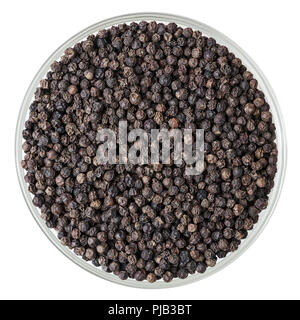 Pepe nero in granelli in recipiente di vetro isolato su sfondo bianco con tracciato di ritaglio Foto Stock