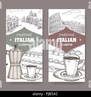 Due piatti di cucina italiana di etichette con Venezia e Roma Paesaggio, tiramisù dessert, tazza di caffè e macchina espresso su bianco. Illustrazione Vettoriale