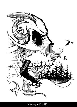 Cranio con gli elementi della configurazione dello sfondo del bosco di conifere. In bianco e nero la grafica. Foto Stock