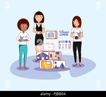 Donna di gruppo utilizzando i dispositivi smartphone Applicazioni di social media illustrazione vettoriale Illustrazione Vettoriale