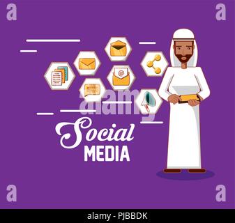 Uomo arabo in piedi tenendo lo smartphone social media illustrazione vettoriale Illustrazione Vettoriale