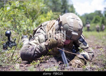 Stati Uniti Air Force Tech. Sgt. Michael Sweeney, NCOIC dell'eliminazione degli ordigni esplosivi operazioni assegnate al 6 Ingegnere Civile Squadron, sonde per la simulazione di una improvvisata dispositivo esplosivo a MacDill Air Force Base, Fla., 2 luglio 2018. Sweeney indagato il terreno dopo l'utilizzo di un rilevatore di mine che prelevato un estraneo metallico durante la firma di un giunto, forza totale esercizio preparare i membri per scenari di combattimento. Foto Stock