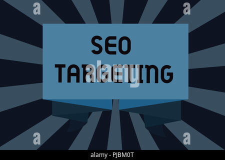 Segno di testo che mostra il targeting di Seo. Foto concettuale parole chiave specifiche per la posizione Landing Page Top dominio. Foto Stock