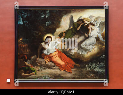 Dipinto 'Cristo sul Giardino degli Ulivi" dal romantico francese pittore Eugène Delacroix (1824) sul display alla sua retrospettiva nel museo del Louvre a Parigi, Francia. La mostra che presenta i capolavori del leader del Romanticismo francese corre fino al 23 luglio 2018. Foto Stock