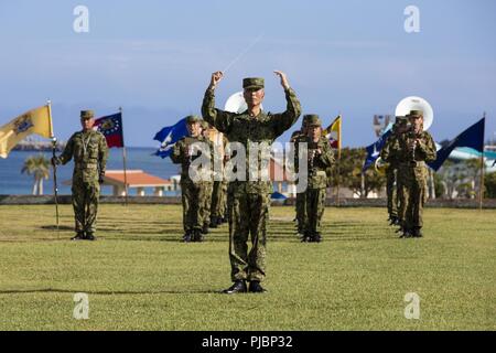 TORII STATION, Okinawa, Giappone - Il suolo giapponese Self Defence Force Band esegue l'esercito canzone durante il decimo gruppo di assistenza (regionale) Modifica del comando cerimonia Luglio 13 sulla stazione Torii, Okinawa, in Giappone. Col. Teodoro O. White alleviato Col. Derek K. Jansen come comandante della decima SG(R). Jansen è stato il Comandante per due anni. Foto Stock