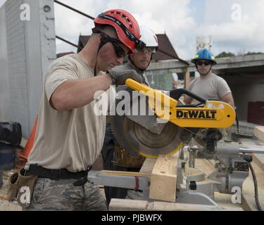 Senior Airman Matt Palmer della106th ingegnere civile Squadron utilizza una sega circolare per tagliare legno, Domenica, 15 luglio 2018 come parte di una sega classe di allenamento durante il patriota nord 18 esercitare, in campo Volk Air National Guard Base, Wis. PATRIOT Nord 18 è annualmente una formazione congiunta di esercizio che esegue il test di interoperabilità dei militari e civili di agenzie. (Air National Guard Foto Stock