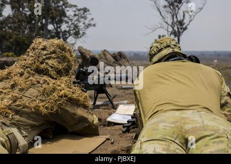 POHAKULOA AREA formazione (14 luglio 2018) Esercito Australiano snipers con 2° Battaglione, Royal Australian Regiment, guardare downrange e osservare i loro raggruppamenti di colpo durante il live-formazione antincendio come parte del bordo del Pacifico (RIMPAC) esercizio a Pohakuloa Area Formazione, Hawaii, luglio 14, 2018. Il live-formazione antincendio cecchino integrato di squadre da altri partecipanti RIMPAC con U.S. Marines che fornisce un elevato valore di formazione per attività organizzata, altamente capace Air-Ground Marine Task Force e migliora la crisi critica la capacità di risposta degli Stati Uniti Marines nel Pacifico. Venticinque nazioni, 46 navi, cinque Foto Stock