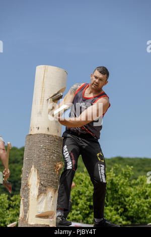 Lumberjack concorrenza, Cherry Valley giochi all'aperto, Otsego County, nello Stato di New York. Foto Stock