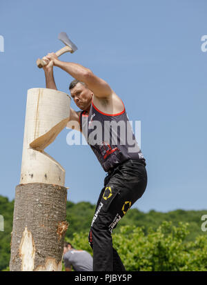 Lumberjack concorrenza, Cherry Valley giochi all'aperto, Otsego County, nello Stato di New York. Foto Stock