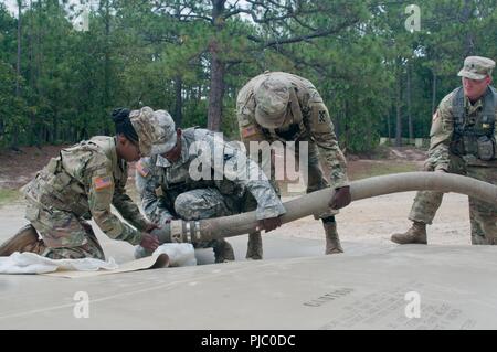 Stati Uniti La riserva di esercito di trattamento acqua di specialisti, con la 431st Trattamento Acqua di distacco in base Winterville, North Carolina assicurare una corretta tenuta sul tubo di aspirazione che conduce al 609-C gruppo della pompa dell'acqua durante il Quartermaster Logistica liquido di esercizio 2018 a Fort Bragg, North Carolina, luglio 14-28, 2018. QLLEX è un esercizio che assicura l esercito di unità di riserva e soldati sono addestrati e pronti per stabilire la depurazione delle acque, lo stoccaggio, la distribuzione e le operazioni del carburante al fine di fornire la vita sostenere acqua e carburante. Foto Stock