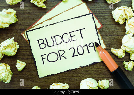 Parola di scrittura di testo di bilancio per il 2019. Il concetto di business per un scritto le previsioni delle entrate e delle spese per il 2019. Foto Stock