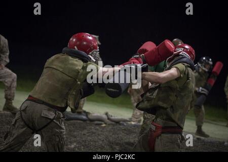 Stati Uniti Marine Corps reclute della società Eco, 2° Battaglione, reclutamento di formazione reggimento, lotta con bastoni pugil durante il crogiolo Luglio 20, 2018 su Parris Island, S.C. Questa formazione fa parte del Marine Corps Arti Marziali programma che aiuta a creare il guerriero di ethos utilizzando armati e disarmati da tecniche di vari stili di arti marziali. Società di Echo è programmato per laurearsi il Agosto 3, 2018. Parris Island è stato il sito di Marine Corps reclutamento di formazione poiché nov. 1, 1915. Oggi, circa 19.000 reclute venite a Parris Island annualmente per la possibilità di diventare Stati Uniti Marin Foto Stock