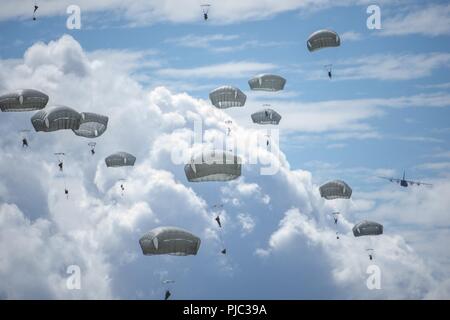 Paracadutisti da U.S. Esercito dell Alaska quarta brigata di fanteria combattere Team (airborne), XXV divisione di fanteria scendono verso Malemute zona di caduta sulla giunzione base Elmendorf-Richardson, Alaska, 17 luglio 2018. Più di 400 soldati paracadutato come parte di un campo esercitazione, l'esecuzione di movimenti tattici e impostazione di posizioni difensive durante l'esecuzione di un aerodromo assalto. Foto Stock