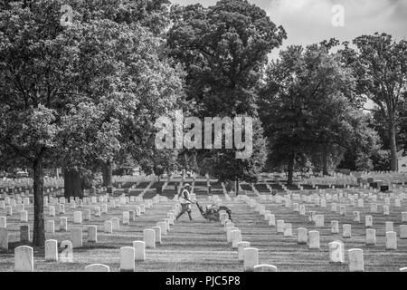 I volontari dell Associazione Nazionale dei professionisti del paesaggio (NALP) aerare la sezione 13 di Al Cimitero Nazionale di Arlington Arlington, Virginia, 16 luglio 2018. Oltre 400 volontari professionisti del paesaggio ha partecipato al NALP XXII del rinnovo annuale e ricordo evento presso il Cimitero Nazionale di Arlington. Volontari aerato turf, piantato fiori, di cui i tubi di irrigazione e illuminazione installata una protezione su diversi alberi. Foto Stock