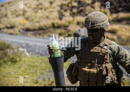 Stati Uniti Marine Corps Lance Cpl. William Henderson, un mortarman con armi Company, 1° Battaglione, 3° Marines, incendi un 81mm experimental non letale Fuoco indiretto munizione (IDFM) round durante un test di armi evento, luglio 16, 2018 a Pohakuloa Area Formazione, Hawaii. Il IDFM è un flash integrato bang contro-personale round progettati per eliminare il personale di gamma, riducendo al minimo i danni collaterali. Foto Stock