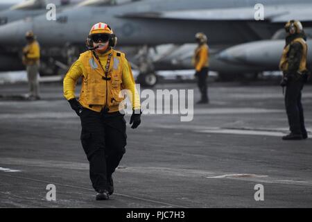 Oceano atlantico (Luglio 18, 2018) di aviazione di Boatswain Mate (manipolazione) 1a classe Tyler Lambertson partecipa alle operazioni di volo a bordo della Nimitz-class portaerei USS Harry Truman (CVN 75). Harry Truman è attualmente implementata come parte di una costante rotazione delle forze degli Stati Uniti sostenere le operazioni di sicurezza marittima nelle acque internazionali in tutto il mondo. Foto Stock