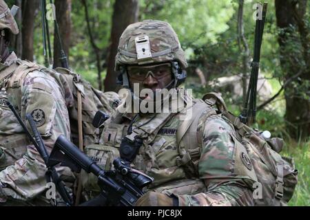 Un soldato assegnato alla truppa di Nemesis, quarto squadrone, 2d della Cavalleria manovre le sue truppe attraverso una fitta foresta durante le operazioni di ricognizione a Hohenfels Area Formazione, Germania, 12 luglio, 2018. Foto Stock