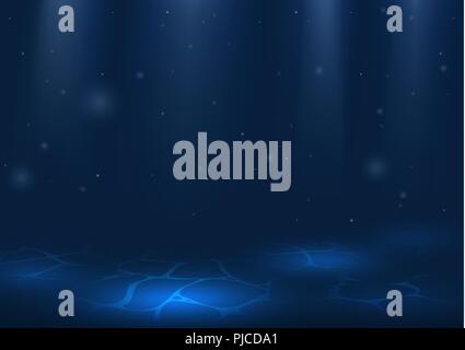 Scena subacquea con il fondo del mare e dei raggi solari, il fondo blu oceano. Illustrazione Vettoriale sullo sfondo della natura, la texture della superficie dell'acqua. Illustrazione Vettoriale