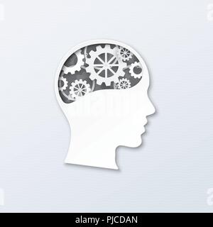 Testa umana con gli ingranaggi del cervello in corso. Illustrazione Vettoriale arte della carta, carta stile di taglio per pensare mente, cervello sistema, psicologia, tecnologia, Illustrazione Vettoriale
