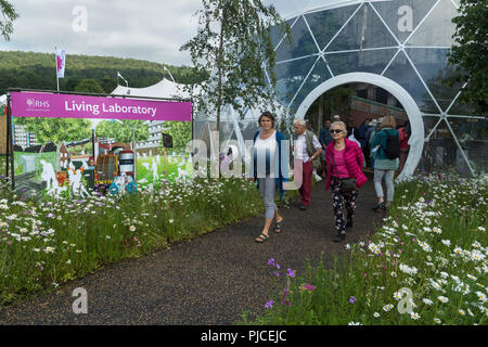 Le persone che lasciano laboratori viventi cupola gonfiabile, camminando lungo il sentiero foderato con fiori selvatici - RHS Chatsworth Flower Show, Derbyshire, Inghilterra, Regno Unito. Foto Stock