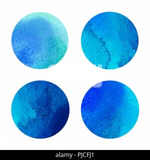 Vettore circoli acquarello, forme rotonde set isolato su bianco. Disegnato a mano sfondo ad acquerello, texture, macchia acquarello su carta bagnata Illustrazione Vettoriale