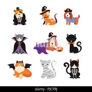 Happy Halloween - Cani e gatti in mostri costumi, festa di Halloween. Illustrazione Vettoriale, banner, set di elementi Illustrazione Vettoriale