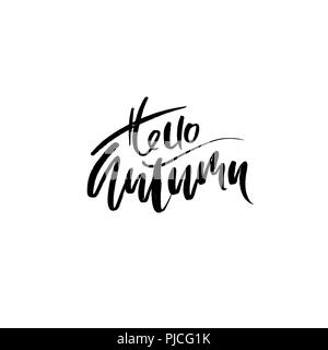 Ciao autunno disegnati a mano scritte isolati su sfondo bianco. Illustrazione Vettoriale. Pennello asciutto tipografia poster. Illustrazione Vettoriale