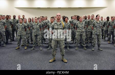 Avieri dal 336a Training Squadron partecipare al 336A TRS modifica del comando cerimonia nella Roberts ha consolidato la manutenzione di aeromobili struttura presso Keesler Air Force Base, Mississippi, luglio 23, 2018. Stati Uniti Air Force Il Mag. Jill Heliker, incoming 336A TRS commander, ha assunto il comando dal Lt. Col. Daniel Schmitt, in uscita 336a TRS commander, con il passare del guidon. Il passaggio del guidon è un simbolo di cerimoniale di scambiare il comando da un comandante di un'altra. Foto Stock