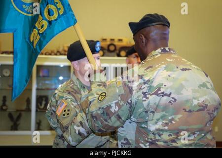 (Da destra a sinistra) Col. Oscar W. Doward Jr., comandante uscente della 2503rd Digital Liaison distacco, passa i colori unità per il Mag. Gen. David C. Hill, vice comandante generale, U.S. Esercito centrale, durante un cambiamento di cerimonia di comando Luglio 19, 2018 a Patton Hall su Shaw Air Force Base, S.C. Foto Stock