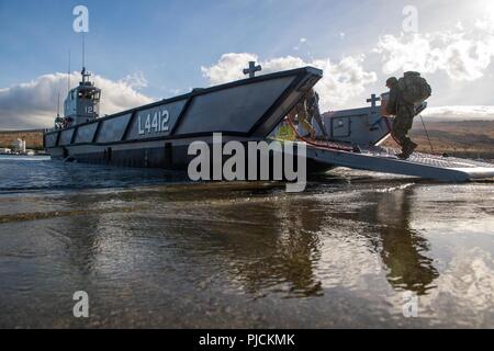 KONA, HAWAII (Luglio 17, 2018) Royal Australian organi di servizio a bordo di una landing craft, assegnato alla Royal Australian Navy atterraggio elicottero nave dock HMAS Adelaide (L01), prima dello svolgimento di assalto anfibio operazioni del veicolo durante il cerchio del Pacifico (RIMPAC) Esercizio, 17 luglio. Venticinque nazioni, 46 navi, cinque sommergibili e circa 200 aerei e 25.000 personale partecipano RIMPAC dal 27 giugno al 2 agosto in e intorno alle Isole Hawaii e la California del Sud. Il più grande del mondo marittimo internazionale esercitazione RIMPAC offre una singolare opportunità di formazione mentre fosteri Foto Stock