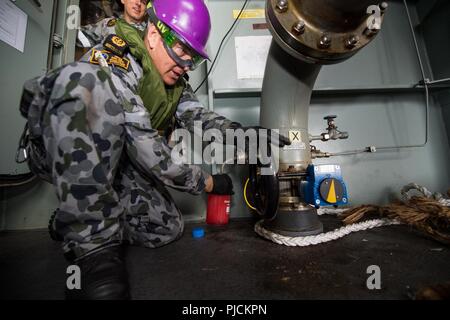 In mare (19 luglio 2018) Royal Australian Navy Chief Petty Officer tecnico Marino Daniel Davidson, da Sydney, raccoglie un campione di carburante durante l'atterraggio elicottero nave dock HMAS Adelaide (L01) conduce a una ricostituzione in mare durante il cerchio del Pacifico (RIMPAC) Esercizio, 19 luglio. Venticinque nazioni, 46 navi, cinque sommergibili, circa 200 aerei, e 25.000 personale partecipano RIMPAC dal 27 giugno al 2 agosto in e intorno alle Isole Hawaii e la California del Sud. Il più grande worldÕs internazionale marittimo esercitazione RIMPAC offre una singolare opportunità di formazione mentre la promozione Foto Stock