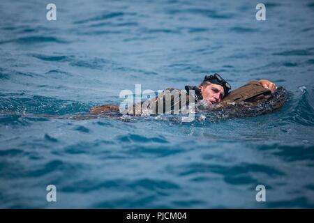 Sgt. Thomas Sargent nuota due chilometri durante una scout corso nuotatori, luglio 18, 2018 a White Beach, a Okinawa, Giappone. La scout nuotatori corso fornisce la Marine Corps con capacità anfibie mentre l'insegnamento Marines di diventare abili a lunga distanza di nuoto. Sargent, nativo di Little Rock, Virginia, è attaccato a operazioni Expeditionary Gruppo di addestramento, III Marine forza expeditionary Informazioni Gruppo. Foto Stock