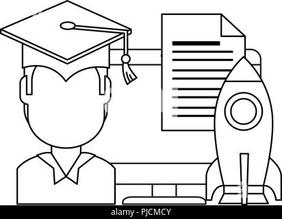 Studente laureato con computer e il razzo vettore design illustrazione Illustrazione Vettoriale