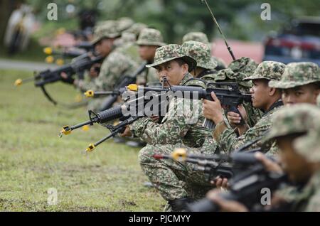 Un soldato con il quindicesimo reale malese reggimento preparare per simulare i movimenti nella giungla durante l'esercizio Keris sciopero, luglio 24, 2018, il Camp Senawang, Malaysia. Soldati malese sono state dimostrando la loro tattica di giungla in preparazione per sciopero Keris giungla della formazione sul campo di esercizio. Foto Stock