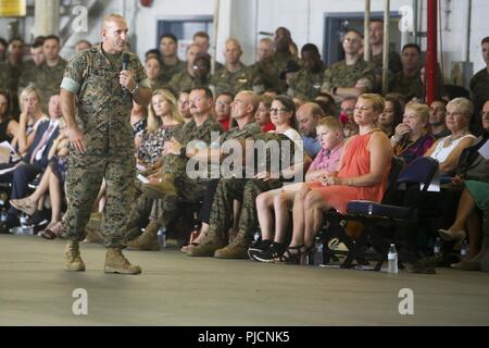 Col. Frank Latt, l'uscita ufficiale in comando di Marine Aircraft Group 31, risolve la folla durante un cambiamento di cerimonia di comando a bordo Marine Corps Air Station Beaufort Luglio 19. Latt rinunciato il comando di Marine Aircraft Group 31 al Col. Matteo H. Phares dopo un comando di MAG-31 per 17 mesi. Foto Stock