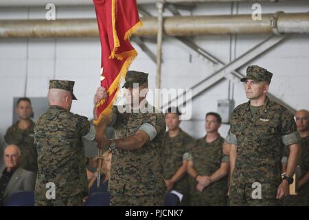 Col. Frank N. Latt cedi il comando di Marine Aircraft Group 31 al Col. Matteo H. Phares a bordo Marine Corps Air Station Beaufort Luglio 19. Latt comandato MAG-31 per 17 mesi prima di passare sull'unità i colori per Phares. Phares precedentemente era stato assegnato al personale di 2 aeromobili marino ala. Foto Stock