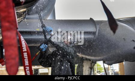 Stati Uniti Air Force Airman 1. Classe Keon Oliver, un carico di armi membro di un equipaggio addetto al 355Manutenzione aeromobili squadrone, tubi flessibili verso il basso un A-10 Thunderbolt II con una pistola di risciacquo a Davis-Monthan Air Force Base in Arizona, 24 luglio 2018. Avieri utilizzare rondelle di pressione con più di 3.000 libbre di pressione per pollice quadrato per rimuovere i detriti dall'aeromobile. Foto Stock