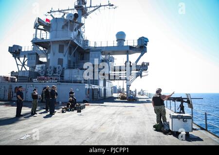 Mare Mediterraneo (21 luglio 2018) Gunners mate 1. Classe Adrian Rodziewicz e tecnico di elettronica di terza classe Jonathan partecipare Bowden in equipaggio servita addestramento alle armi a bordo del Blue Ridge-class di comando e di controllo nave USS Mount Whitney (LCC 20) nel Mare Mediterraneo, 21 luglio. Il Monte Whitney, distribuita a Gaeta, Italia, opera con un equipaggio combinato di U.S. I marinai della marina militare e mare comando sollevamento servizio civile naviganti. Foto Stock
