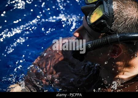 Mare Mediterraneo (Luglio 22, 2018) Chief Naval Air Crewman (elicottero) John Ashley sorge rescue nuotatore guardare durante una nuotata chiamata a bordo del Blue Ridge-class di comando e di controllo nave USS Mount Whitney (LCC 20) nel Mare Mediterraneo, 22 luglio 2018. Il Monte Whitney, distribuita a Gaeta, Italia, opera con un equipaggio combinato di U.S. I marinai della marina militare e mare comando sollevamento servizio civile naviganti. Foto Stock