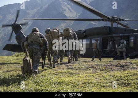 Stati Uniti Marines con Delta Company, quarta legge dal battaglione Marine Corps Centro di riserva, Billings, Montana, carico su un Alaska Air National Guard UH-60 Black Hawk, a seguito di incidente esercitazione di evacuazione a base comune Elmendorf-Richardson, Alaska, luglio 19, 2018. Formazione inclusa navigazione terrestre, le chiamate per il fuoco, squad imboscate, pattuglie di ricognizione, un incidente di aiuto e di evacuazione. Foto Stock