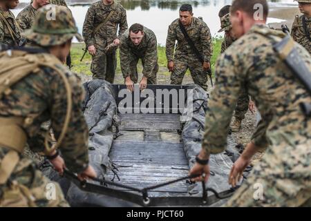 Stati Uniti Marine Cpl. Braxton Shrader, un ingegnere di combattimento con ponte Company, 7 Supporto tecnico di battaglione, Marittima 1 Logistics Group, mostra Marines con 6 ESB, 4 MLG, come disimballare e costruire una lotta contro la razzia di gomma artigianato per essere usato come una barca di sicurezza a Fort Chaffee, arca. Luglio 16, 2018. Durante il fiume Assault 2018, Marines dal sesto e settimo ESB ha avuto la possibilità di condividere esperienze e conoscenze da lavorare mano nella mano conducendo operazioni di rafting sul fiume Arkansas. Foto Stock