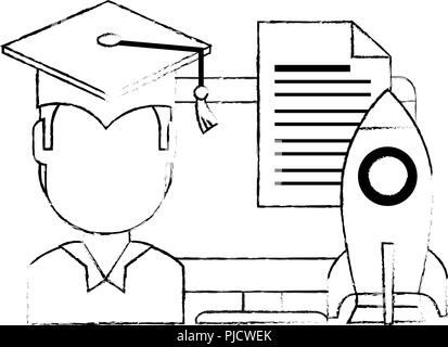 Studente laureato con computer e il razzo vettore design illustrazione Illustrazione Vettoriale