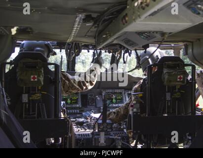 FORT KNOX, Ky. - Chief Warrant Officer 3 Josh Lewis, Blackhawk pilota, sinistra e 1Lt. Matt Whitacre, Blackhawk medical pilota, sia di 244Brigata Aerea rendere pronta la HH-60M Ospedale Blackhawk cockpit prima un'aria evacuazione medica (MEDEVAC) corsi di formazione per il primo teatro supporto comando Soldati, 12 luglio. L'equipaggio di volo insegnato come valutare un pronto soccorso e eseguire tactical cura richiesta, medevac sostegno e la sicurezza degli aeromobili nonché antenna tattico delle operazioni di volo. Foto Stock