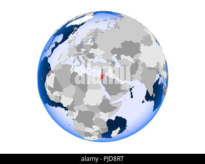 La Giordania ha evidenziato in rosso sul globo politico con trasparente degli oceani. 3D illustrazione isolati su sfondo bianco. Foto Stock
