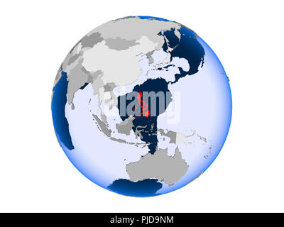 Filippine evidenziata in rosso sul globo politico con trasparente degli oceani. 3D illustrazione isolati su sfondo bianco. Foto Stock