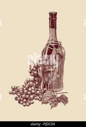 Acini di uva con una bottiglia di vino e vetro Illustrazione Vettoriale