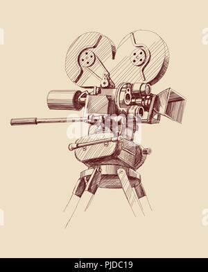 Vintage Old movie camera disegnato a mano illustrazione vettoriale disegno realistico Illustrazione Vettoriale