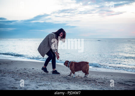 Giovane donna giocando con il cane sulla spiaggia Foto Stock