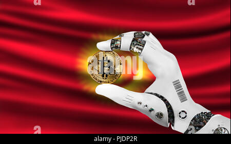 Crypto bitcoin valuta in mano al robot, il concetto di intelligenza artificiale, il flag di sfondo del Kirghizistan Foto Stock